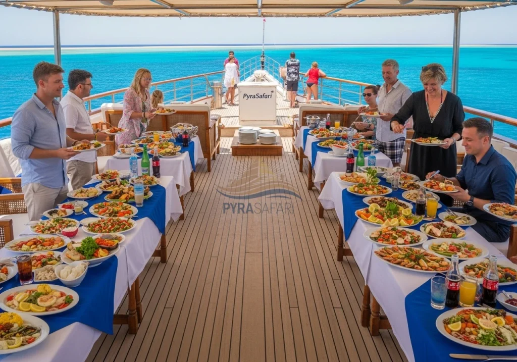 Guests enjoying gourmet buffet lunch on a luxury snorkeling boat from Sharm El Sheikh.