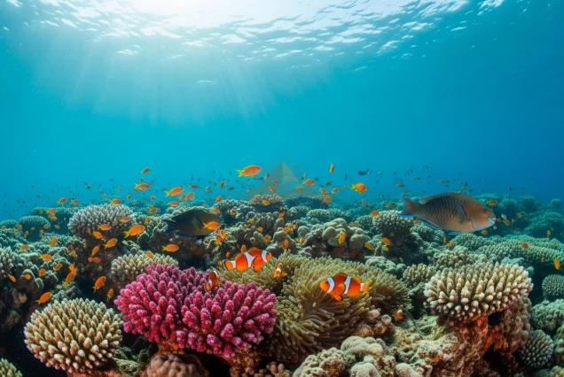 Vibrant coral reefs and colorful tropical fish at Ras Mohammed National Park snorkeling site.