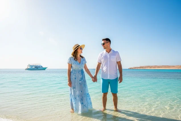 A happy couple posing on the stunning White Island with turquoise Red Sea waters in Sharm El Sheikh.