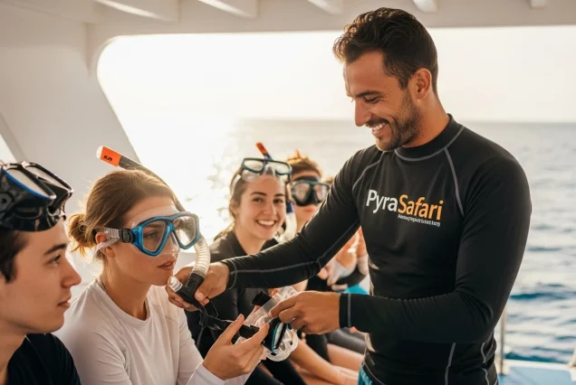 A professional guide assisting snorkelers with gear in the Red Sea near Sharm El Sheikh.