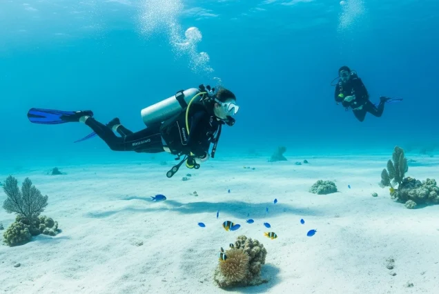 A student diver performing buoyancy control skills over a sandy bottom during an open water dive in the Red Sea.