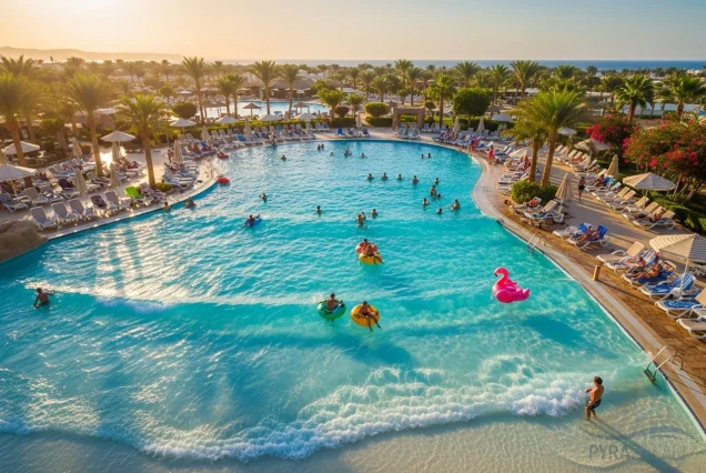 Aerial view of a bustling wave pool at a family-friendly Sharm El Sheikh Aqua Park