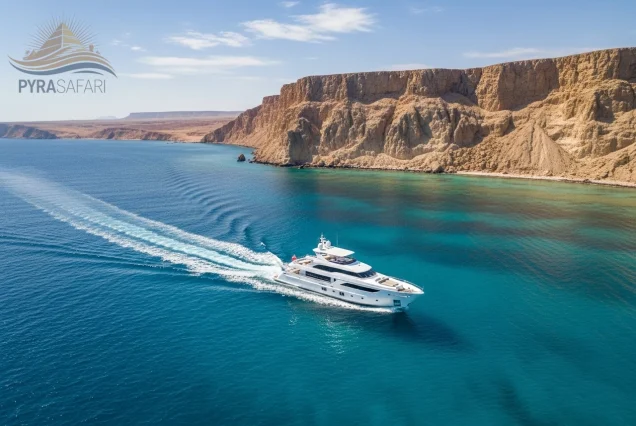 Aerial view of luxury yacht sailing towards Tiran Island, ideal for a premium snorkeling trip from Sharm El Sheikh.