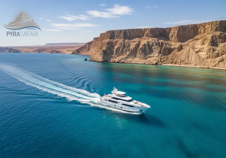 Aerial view of luxury yacht sailing towards Tiran Island, ideal for a premium snorkeling trip from Sharm El Sheikh.