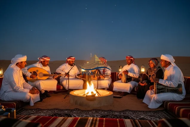 Bedouin musicians playing traditional instruments around a campfire at a desert camp