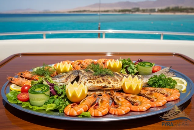 Bespoke luxury yacht cruise Sharm El Sheikh Gourmet dining experience onboard with fresh seafood