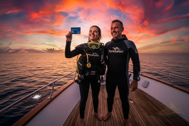 Celebrating PADI Open Water certification in Sharm El Sheikh on a luxury dive boat during a Red Sea sunset.