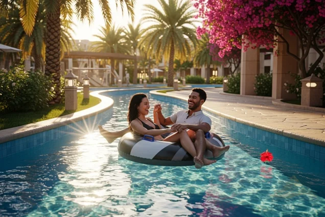 Couple relaxing on the lazy river at a luxury water park in Sharm El Sheikh with PyraSafari
