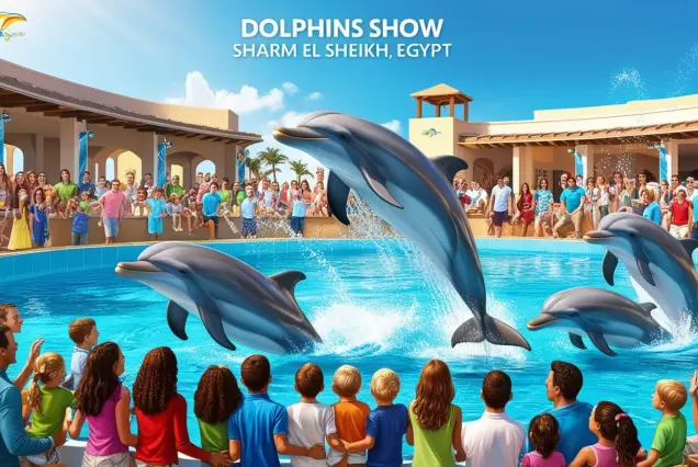 dolphin show Sharm El Sheikh, swim with dolphins, best dolphin experience Egypt, Sharm El Sheikh family activity, dolphin interaction tour