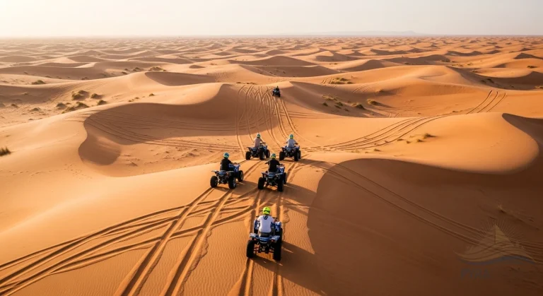 Drone view of families quad biking on soft sand dunes in Sharm El Sheikh desert