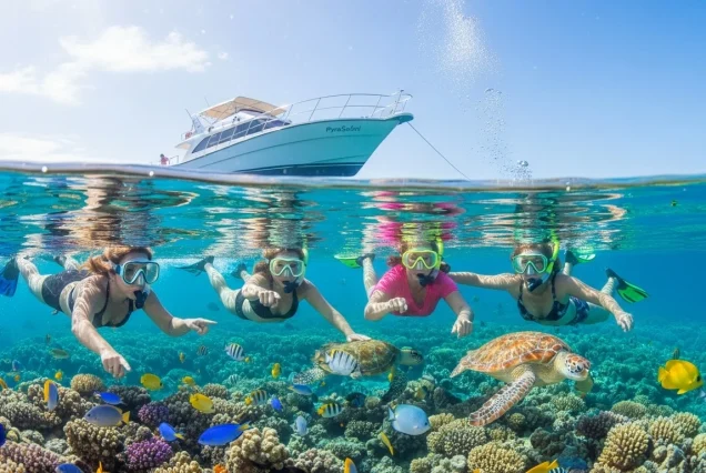 Enjoying a thrilling Sharm El Sheikh Snorkeling Ras Mohammed boat trip in the vibrant Red Sea with PyraSafari (1)