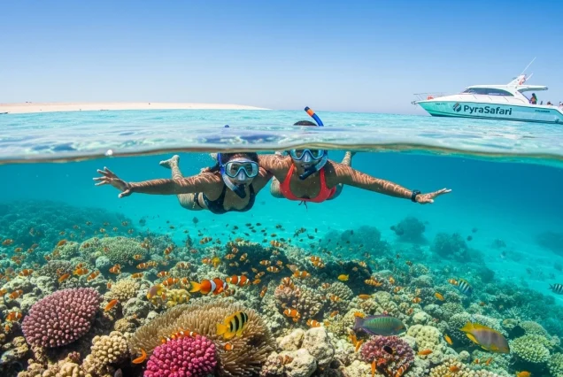 Enjoying a thrilling Sharm El Sheikh Snorkeling Ras Mohammed boat trip in the vibrant Red Sea with PyraSafari (2)