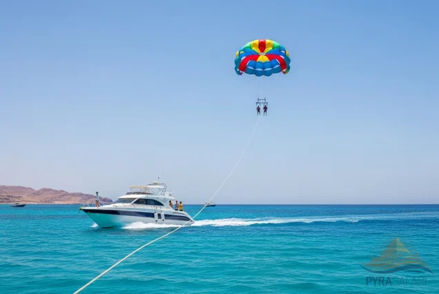 Exciting tandem parasailing takeoff from a boat in Sharm El Sheikh, showcasing the thrill of ascending into the Red Sea sky.