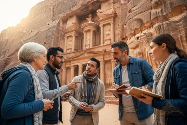 Expert English-speaking guide leading a small luxury tour group through the ancient Royal Tombs of Petra, Jordan.