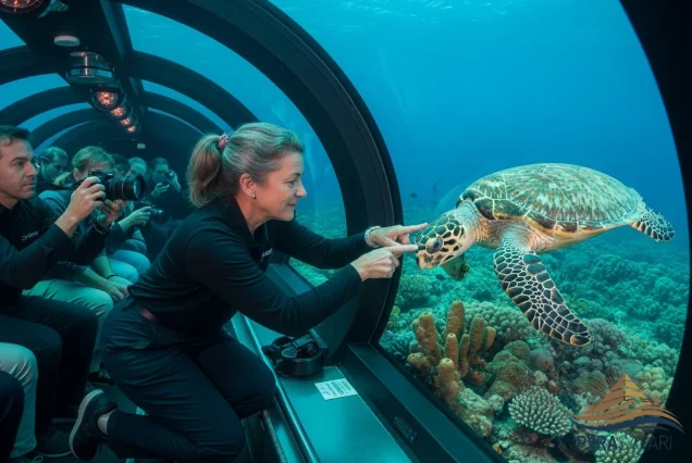 Expert marine guide providing commentary during a luxury submarine tour in Sharm El Sheikh, pointing out a Red Sea sea turtle.
