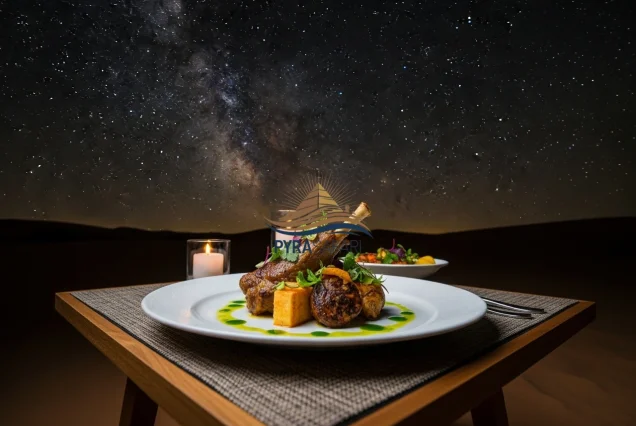 Exquisite gourmet dinner served at a luxurious desert camp under a starry sky