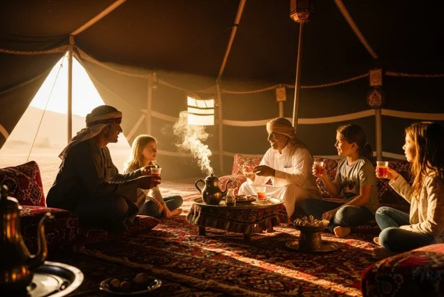 Family enjoying authentic Bedouin tea in a traditional desert tent during Sharm El Sheikh safari