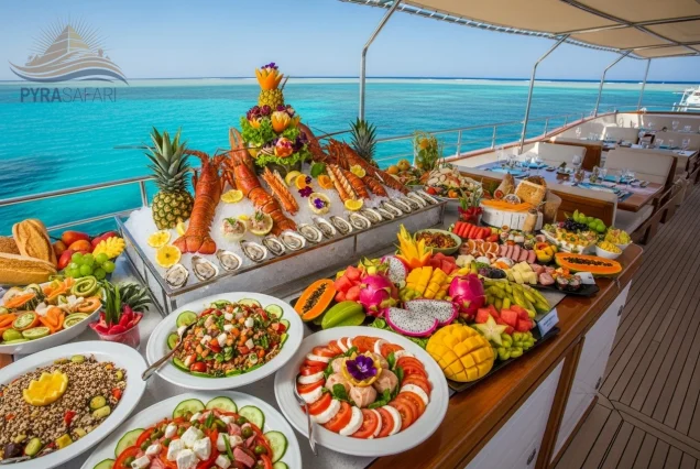 Gourmet buffet lunch served on a luxury yacht during a Tiran Island boat trip, featuring fresh cuisine and stunning Red Sea views.