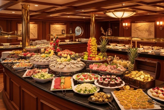 Gourmet international buffet dinner served on a luxury pirate cruise in Sharm El Sheikh