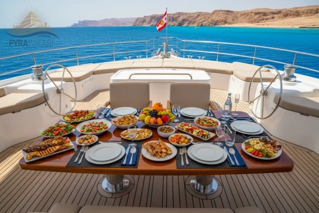 Gourmet-lunch-served-on-a-luxury-yacht-deck-with-Red-Sea-view-during-Ras-Mohammed-trip