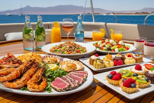 Gourmet lunch served on luxury yacht during Tiran Island trip from Sharm El Sheikh