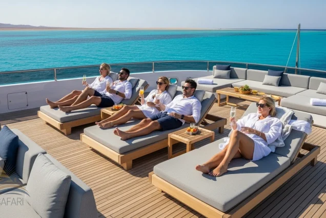 Guests relaxing on the spacious sun deck of a luxury boat near Tiran Island, Red Sea