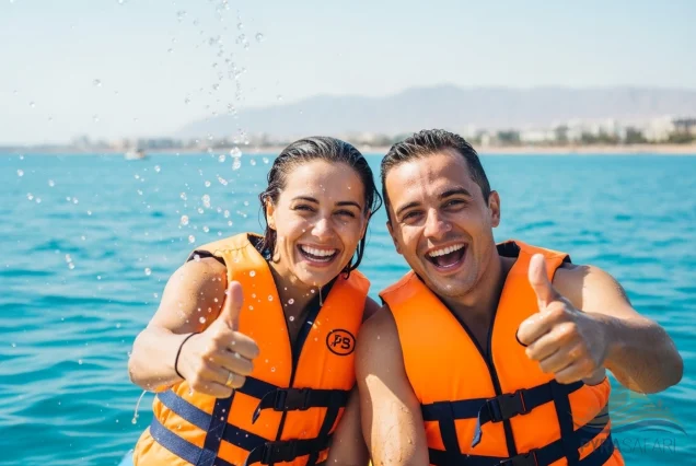 Happy couple enjoying banana boat in Sharm El Sheikh with Red Sea view