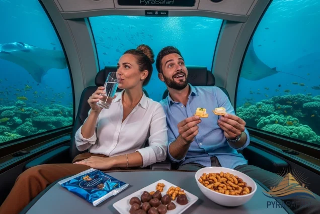 Happy guests enjoying luxury refreshments and stunning Red Sea views on PyraSafari's exclusive Sharm El Sheikh submarine tour.