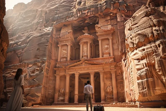 Luxurious Petra day trip from Sharm El Sheikh. Couple viewing the magnificent Treasury in golden morning light, a key highlight of the Lost City of Jordan tour by ferry.