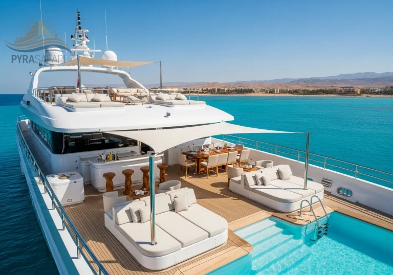 Luxurious-private-yacht-anchored-in-a-serene-turquoise-bay-of-the-Red-Sea-ready-for-a-VIP-charter-from-Sharm-El-Sheikh