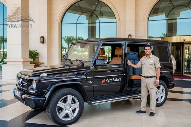 Luxury-4x4-private-transfer-picking-up-a-family-from-their-Sharm-El-Sheikh-hotel-for-a-seamless-desert-safari-experience-emphasizing-Sharm-El-Sheikh-safari-convenience