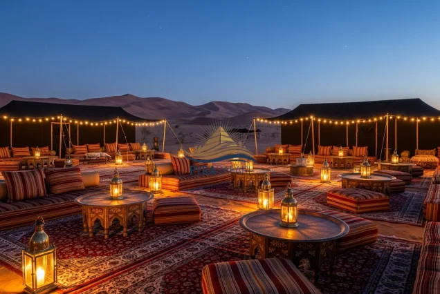 Luxury Bedouin camp with soft lighting and comfortable seating