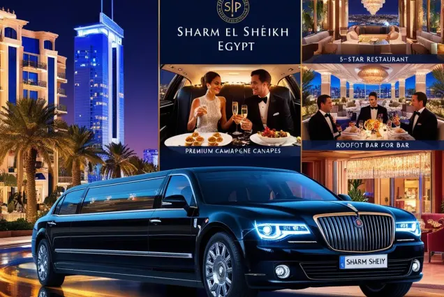 Luxury limo tour Sharm, VIP nightlife experience Egypt, limousine service Sharm El Sheikh, private night tour Egypt, fine dining & nightlife Sharm