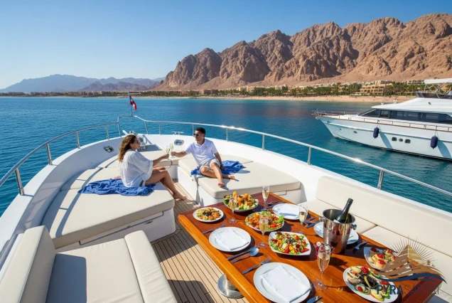 Luxury Private Yacht Charter Sharm El Sheikh Couple enjoying VIP Red Sea cruise on exclusive boat