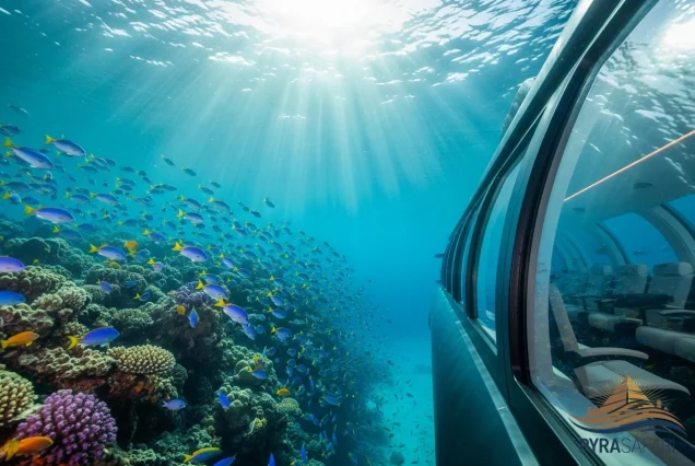 Luxury Submarine Adventure Sharm El Sheikh Panoramic view of Red Sea coral reefs and marine life from inside a modern submarine.