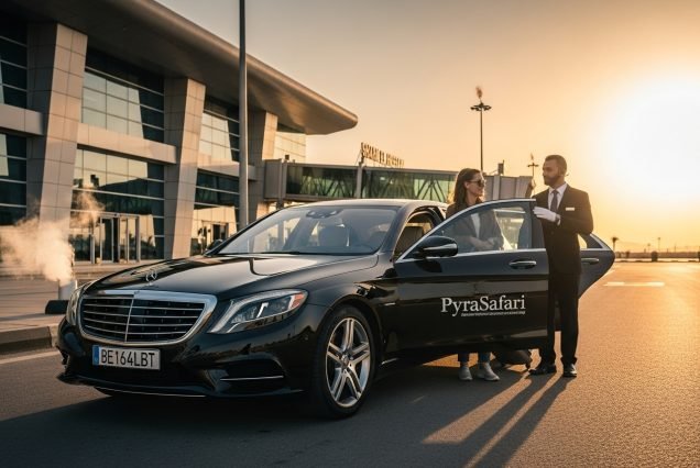 Luxury airport transfer Sharm El Sheikh PyraSafari VIP limo and chauffeur greeting guests at Sharm El Sheikh International Airport.