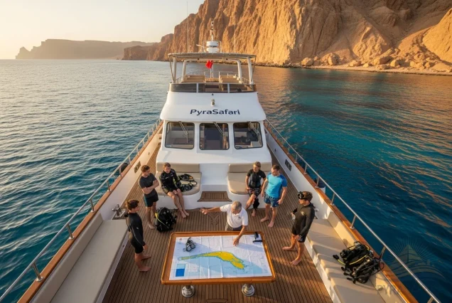 Luxury dive boat cruising in Red Sea near Ras Mohammed National Park for PADI Diving Course Sharm El Sheikh.