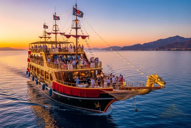 Luxury pirate dinner cruise ship sailing on the Red Sea at sunset from Sharm El Sheikh with live show and gourmet buffet