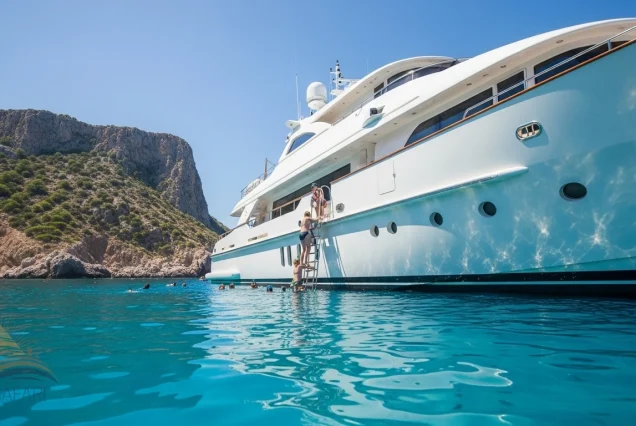 Luxury yacht anchored in a picturesque cove near Tiran Island for snorkeling, Sharm El Sheikh