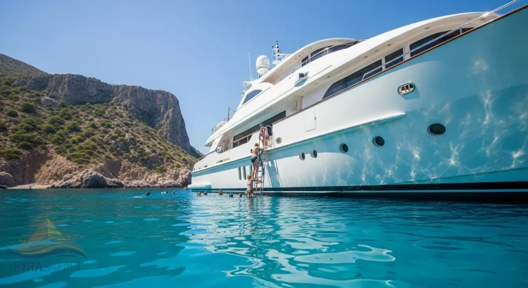 Luxury yacht anchored in a picturesque cove near Tiran Island for snorkeling, Sharm El Sheikh