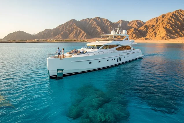 Luxury yacht cruising towards Tiran Island for snorkeling from Sharm El Sheikh