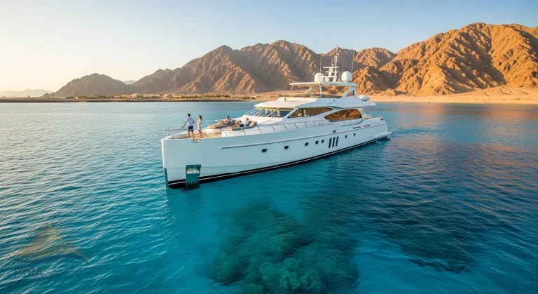 Luxury yacht cruising towards Tiran Island for snorkeling from Sharm El Sheikh