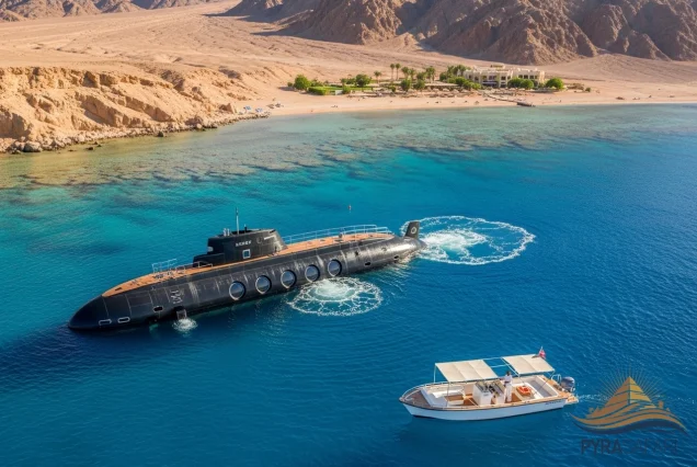 Modern luxury submarine near the surface of the Red Sea, Sharm El Sheikh coastline, offering exclusive underwater exploration