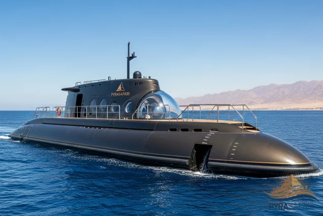 Modern luxury submarine near the surface of the Red Sea, Sharm El Sheikh coastline, offering exclusive underwater exploration.