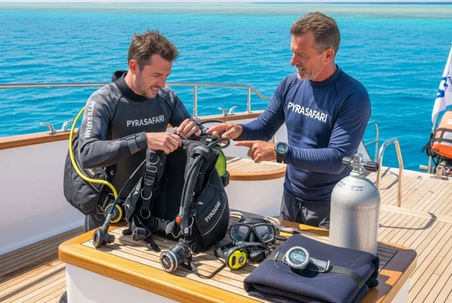 PADI diver learning equipment setup and safety checks on a dive boat in the Red Sea.