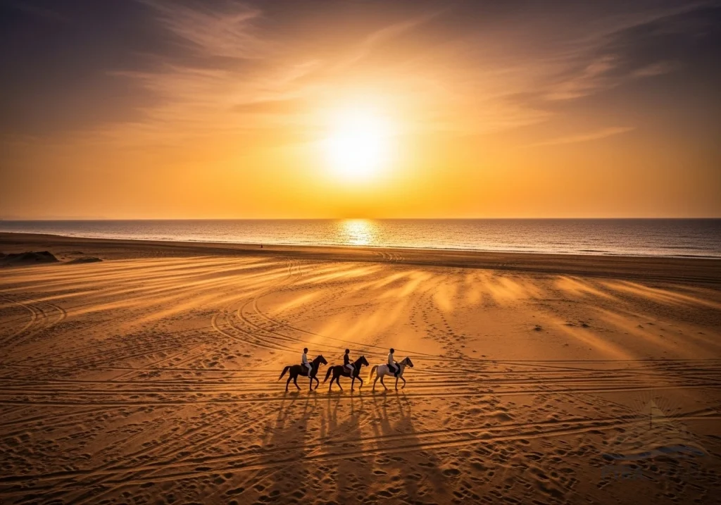 Panoramic view of Sharm El Sheikh beach with sunset horseback riding