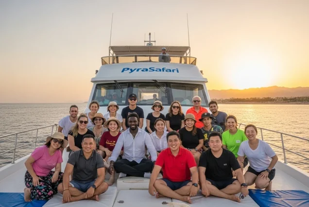 Panoramic view of a PyraSafari boat sailing towards Ras Mohammed National Park at sunset (2)