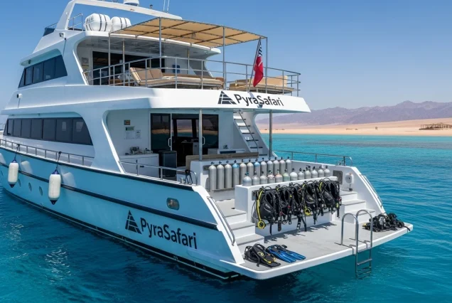 Panoramic view of a modern PyraSafari dive boat anchored near a beautiful Red Sea beach.