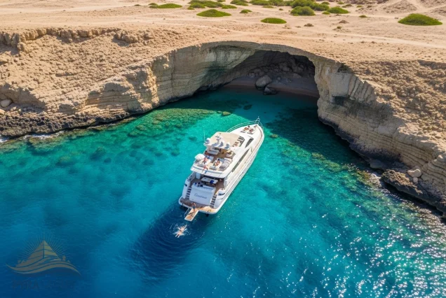 Private luxury yacht Ras Mohammed Sharm El Sheikh, exclusive anchoring in a serene cove.