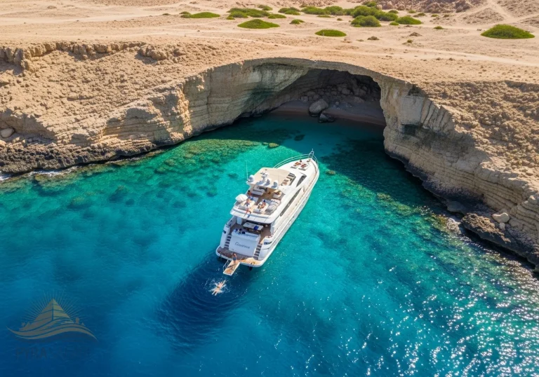 Private luxury yacht Ras Mohammed Sharm El Sheikh, exclusive anchoring in a serene cove.